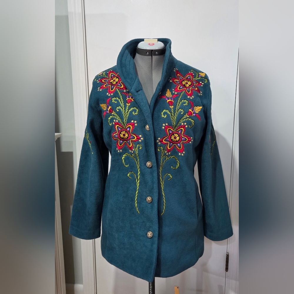 Bob Mackie Teal Jacket with Red and Yellow Floral Design